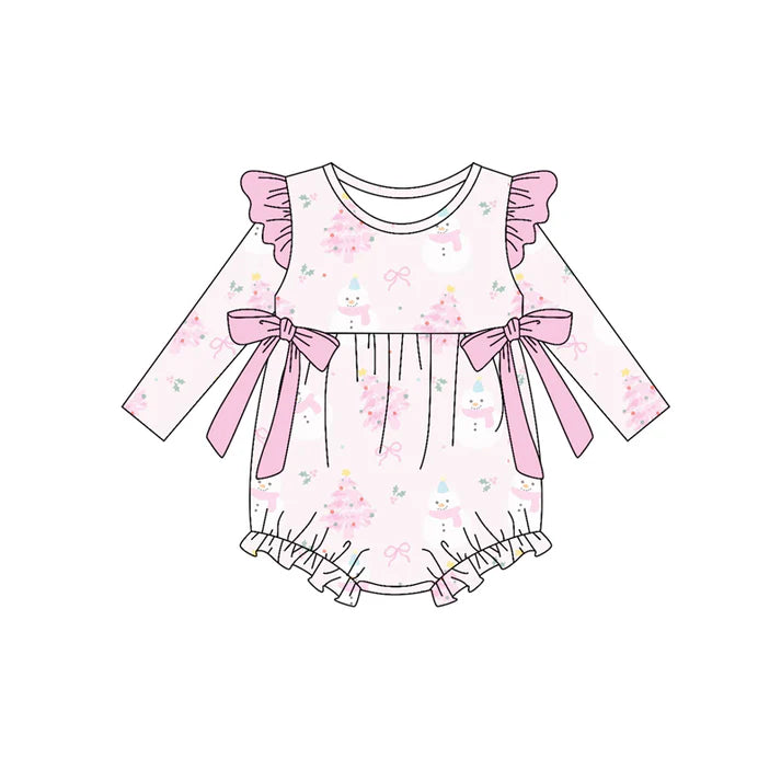 Preorder (moq 5)Baby Girls Long Sleeves Pink Bows Trees Ruffle Rompers 5.17