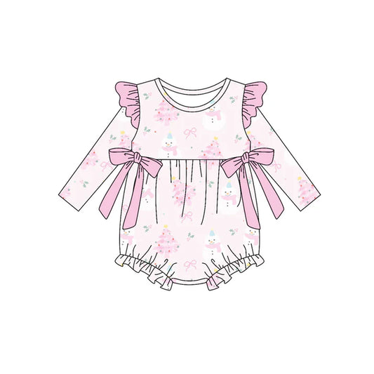 Preorder (moq 5)Baby Girls Long Sleeves Pink Bows Trees Ruffle Rompers 5.17