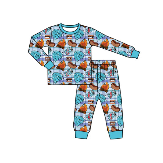 Preorder(moq 5) Baby Boys Long Sleeves Food Camping Plaid Top Pants Pajamas Set 7.23