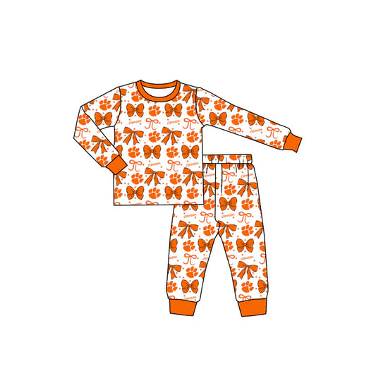 Preorder (moq 5)Baby Girls Orange Clemson Team Bows Top Pants Pajamas Sets 8.29