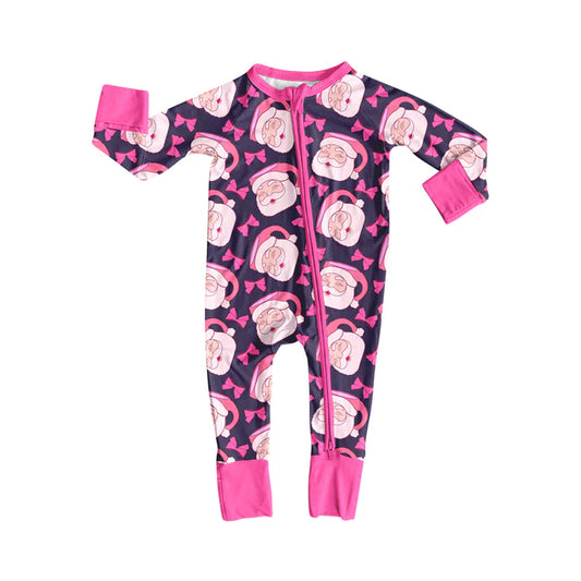 Preorder(moq 5)Baby Boys Pink Santa Bows Plaid Christmas Zipper Footie Rompers 8.15