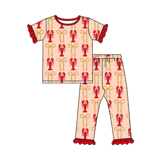 Preorder(moq 8)Baby Girls Bows Crayfishes Plaid Top Ruffle Pant Pajamas Sets 9.30