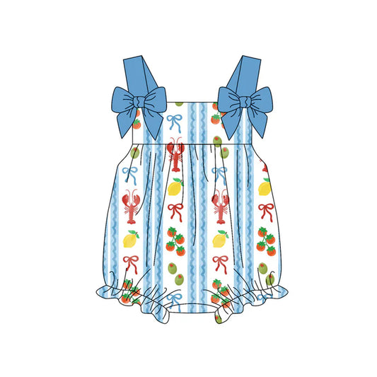 Preorder (moq 5)Baby Girls Strap Crayfishes Fruits Stripe Ruffle Rompers 12.6