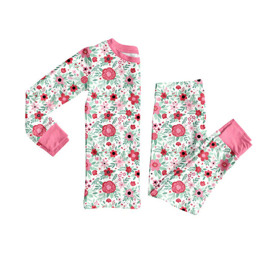 Preorder (moq 8)Baby Girls Long Sleeve Pink Flowers Bows Top Pant Pajamas Sets 9.12