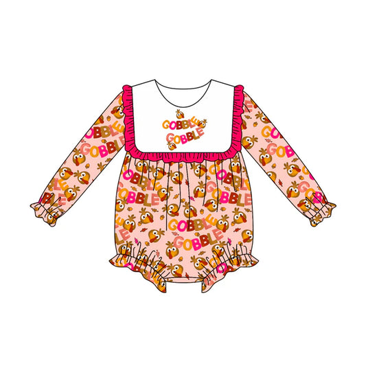 Preorder (moq 5)Baby Girls Long Sleeves Turkey Leaves Plaid Gobble Ruffle Romper 7.4