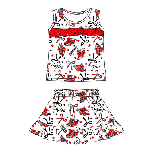 Preorder (moq 5)Baby Girls Sleeveless Red EP Stars Bows Top Ruffle Skorts Team Set 6.16