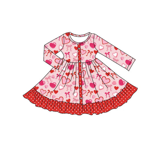 Preorder (moq 5)Baby Girls Red Hearts Bows Button Valentine Ruffle Knee Length Dresses 9.6