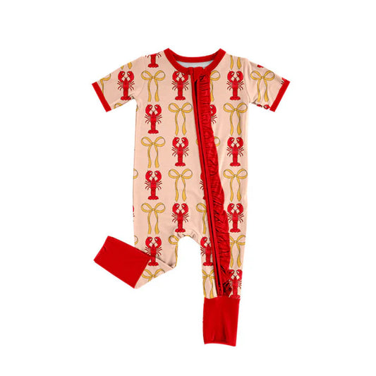 Preorder(moq 8)Baby Girls Bows Crayfishes Plaid Ruffle Zipper Footie Rompers 9.30
