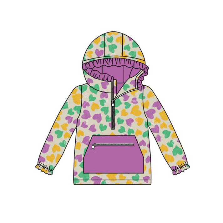 Preorder(moq 8)Baby Girls Mardigras Hearts Pocket Zipper Ruffle Hoodies Top 9.25