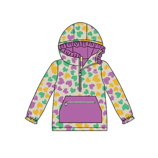 Preorder(moq 8)Baby Girls Mardigras Hearts Pocket Zipper Ruffle Hoodies Top 9.25