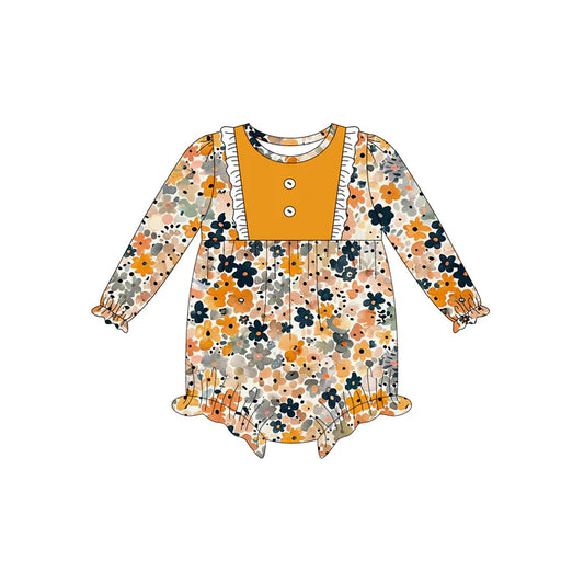 Preorder (moq 5)Baby Girls Long Sleeves Blue Yellow Floral Button Ruffle Romper 7.4