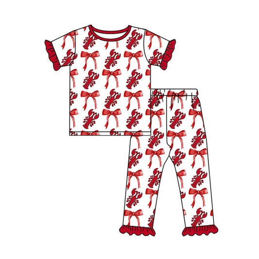 Preorder(moq 8)Baby Girls Red Bows Crayfishes Plaid Top Ruffle Pant Pajamas Sets 9.30