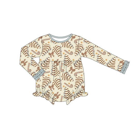 Preorder (moq 5)Baby Girls Long Sleeves Yellow Trees Bows Candy Cane Ruffle Romper 7.4
