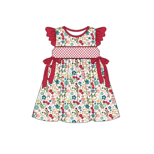 Preorder (moq 5)Baby Girls Red Flutter Sleeves Bows Floral Knee Length Dresses 5.15