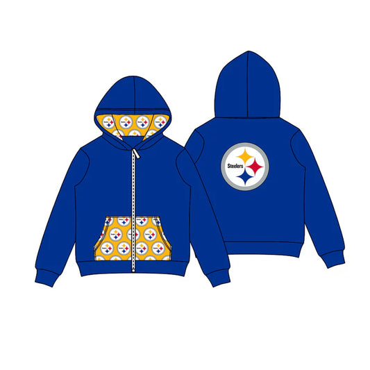 Preorder (moq 5)Baby Boys Hot Blue Steelers Stars Team Pocket Zipper Hoodies Tops 8.2
