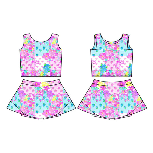 Preorder (moq 5)Baby Girls Hearts Flowers Checked Vest Skirt Shorts Valentines Clothes Sets 12.2