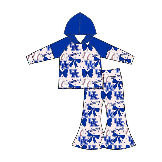 Preorder (moq 5)Baby Girls Long Sleeves Baseballs Bows UK Hoodie Top Bell Bottom Pant Team Set 6.16