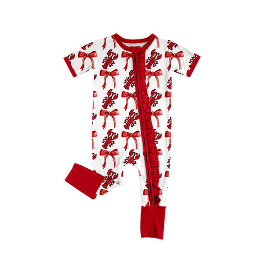 Preorder(moq 8)Baby Girls Red Bows Crayfishes Plaid Ruffle Zipper Footie Rompers 9.30