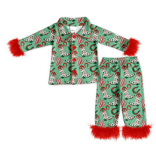 Preorder (moq 5)Baby Girls Long Sleeves With Fur Green Boots Cactus Button Top Pant Pajamas Set 5.19