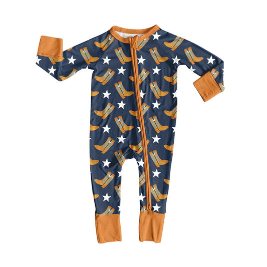 Preorder(moq 5)Baby Boys Western Navy Cowboys Boots Zipper Footie Rompers 8.15