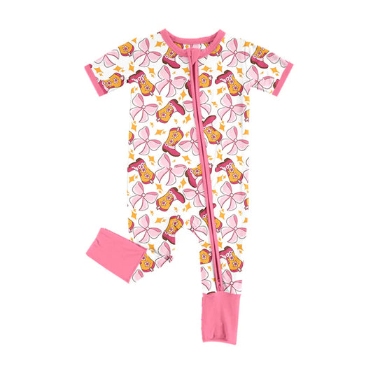 Preorder (moq 5)Baby Girls Pink Short Sleeves Bows Boots Stars Zipper Rompers 5.26