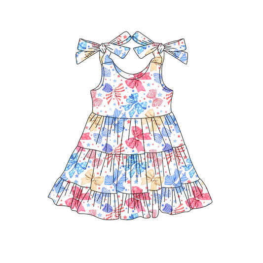 Preorder (moq 5)Baby Girls Strap Blue Red Bows Stars 4th Of July Knee Length Dresses 4.24
