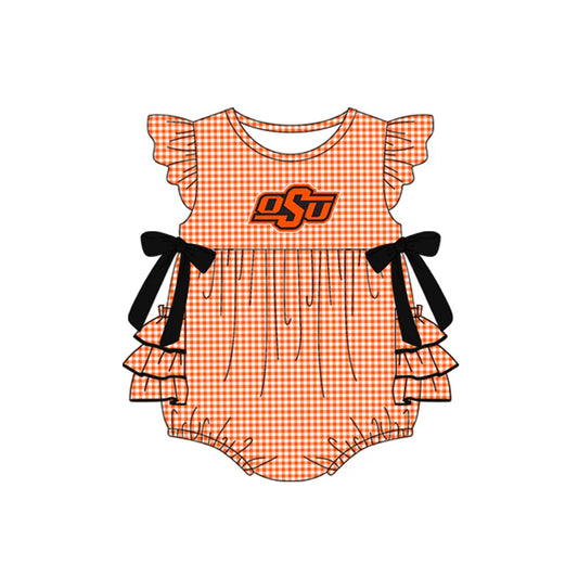 Preorder moq 5 Baby Girls Orange Plaid Flutter Sleeves Bows OSU Team Rompers 7.10