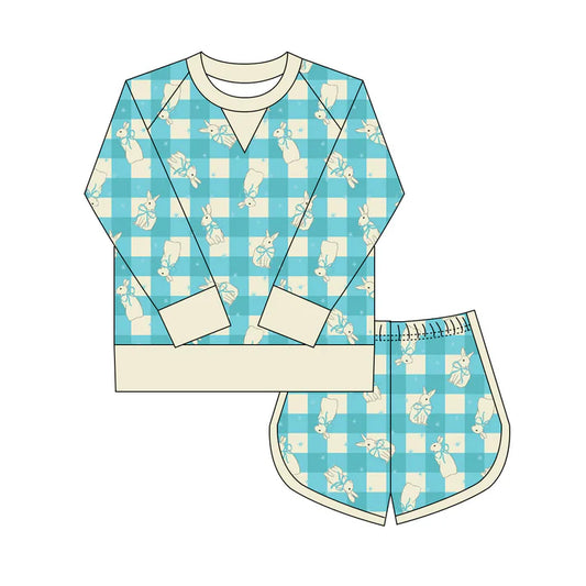 Preorder(moq 8)Baby Girls Blue Checked Bows Rabbits Long Sleeve Top Shorts Easter Clothes Set 9.27