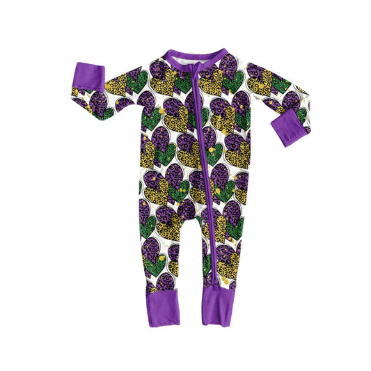 Preorder (moq 8)Baby Girls Leopard Hearts Mardigras Zipper Footie Rompers 9.9