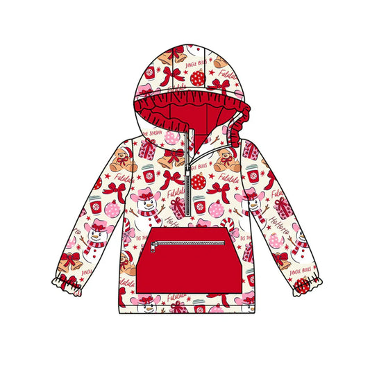 Preorder (moq 8)Baby Girls Gifts Snowmen Pocket Zipper Christmas Ruffle Hoodies Top 9.24