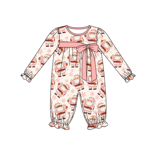 Preorder (moq 5)Baby Girls Long Ruffle Sleeves Pink Santa Snowflake Pant Rompers 5.30