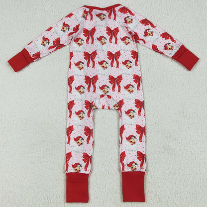 Baby Girls Rompers Christmas Red Santa Bows Footie Zipper Rompers LR2223 6.24