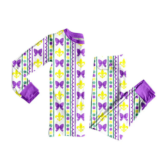Preorder (moq 8)Baby Girls Purple Yellow Green Bows Stripe Pants Mardigras Pajamas Sets 9.11