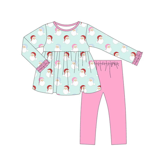 Preorder (moq 5)Baby Girls Long Ruffle Sleeves Santa Plaid Tunic Pink Legging Pant Set 6.21