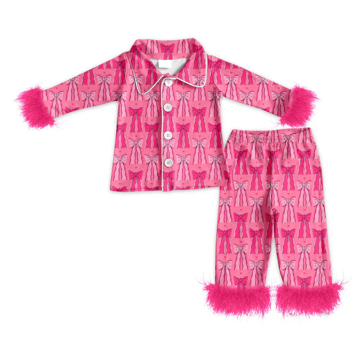 Preorder (moq 5)Baby Girls Hot Pink Bows Hearts Button Top Pants Valentine Fur Pajamas Sets 9.3