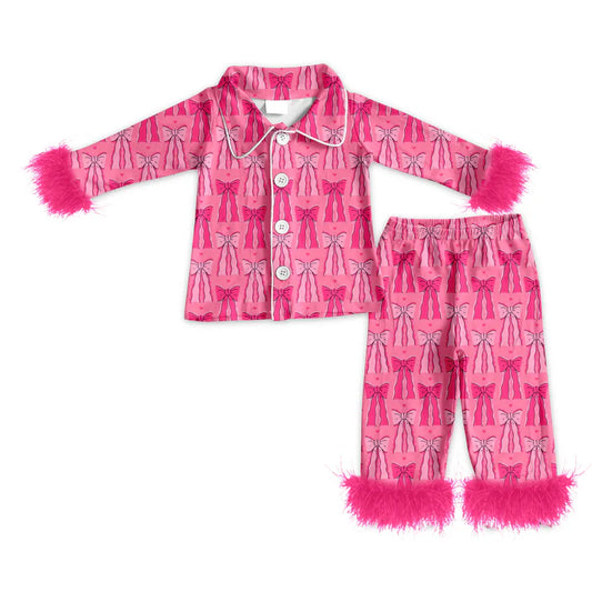 Preorder (moq 5)Baby Girls Hot Pink Bows Hearts Button Top Pants Valentine Fur Pajamas Sets 9.3