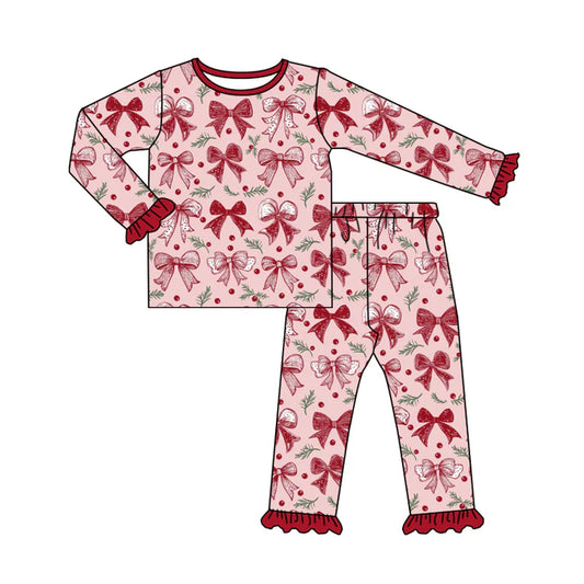 Preorder (moq 5)Baby Girls Long Ruffle Sleeves Hot Pink Bows Top Pant Pajamas Set 5.21