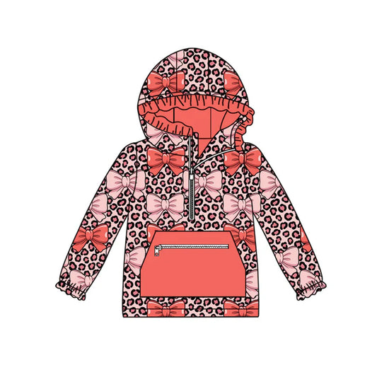 Preorder (moq 5)Baby Girls Peach Leopard Bows Pocket Zipper Ruffle Hoodies Top 9.4