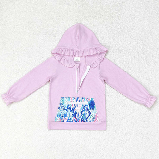 Baby Girls Clothes Top Lavender Ruffle Hooded Sea Weed Pocket Long Sleeve Tops GT0625