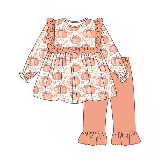 Preorder (moq 5)Baby Girls Long Sleeves Peach Flower Pumpkins Tunic Ruffle Pant Sets 6.11