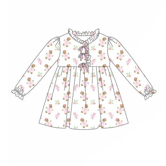 preorder(moq 5) Baby Girls Long Sleeves Pink Gingerbread Holly Plaid Knee Length Dress 7.25