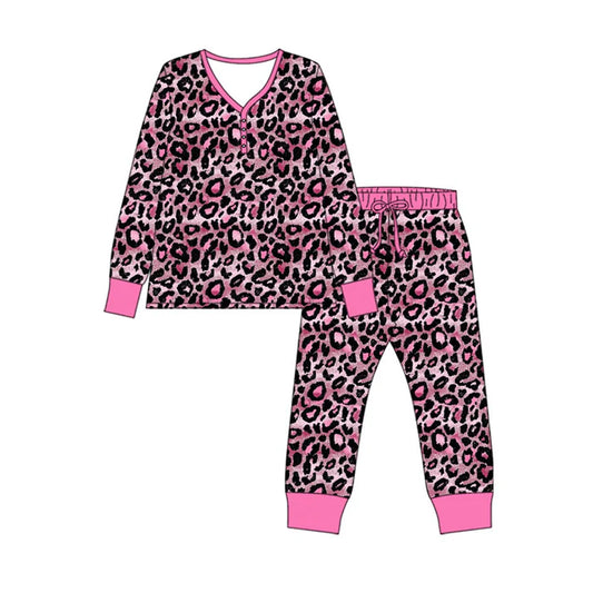 Preorder (moq 8)Baby Girls Pink Black Leopard Button Top Pants Pajamas Sets 9.18
