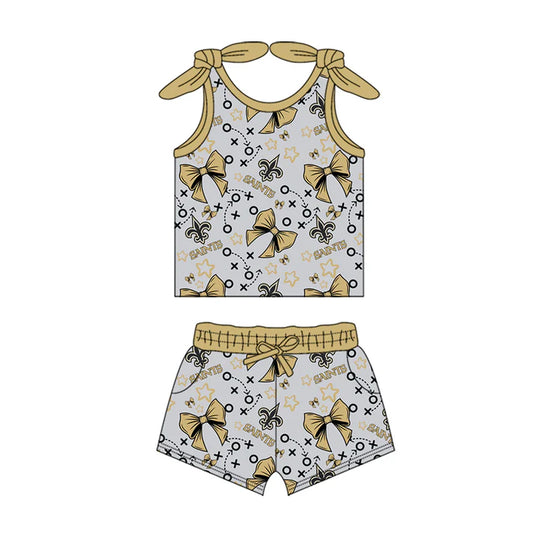 Preorder MOQ 5 pcs sleeveless khaki bow kids girls team outfits 8.28