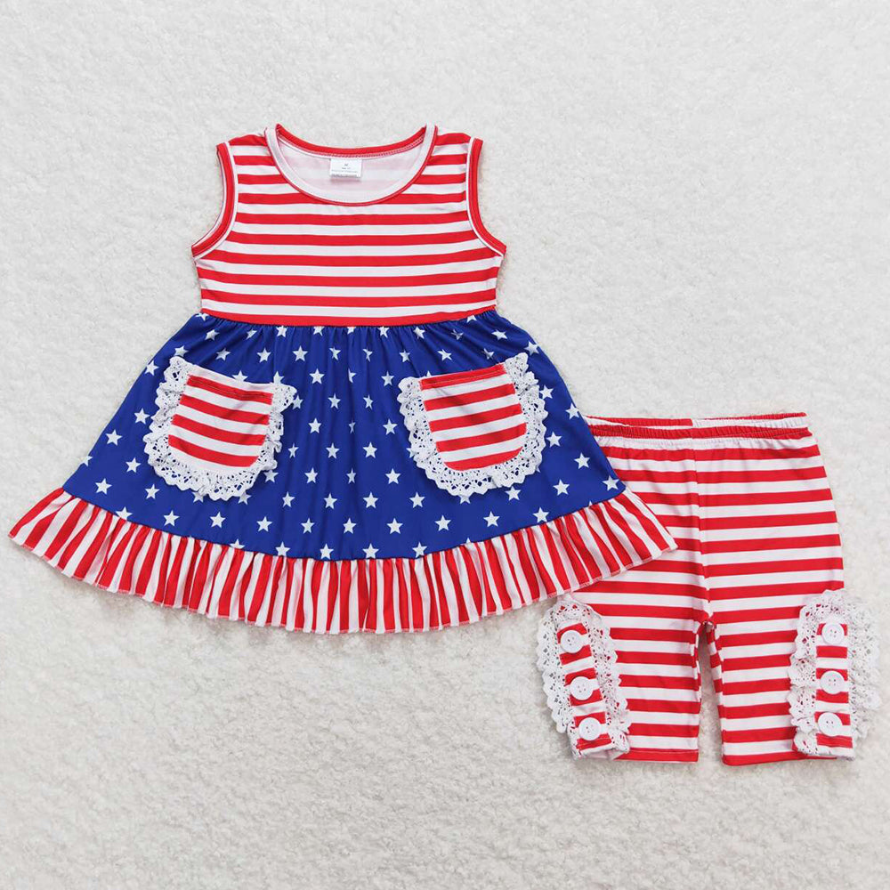 Baby Girls Clothes 4th Of July Stars Pockets Tunic Top Ruffle Shorts Sets GSSO0855