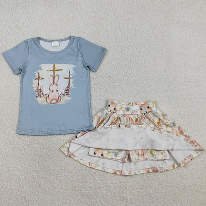 Baby Girls Clothes Short Sleeve Crosses Rabbit Top Skirt Shorts Easter Clothes Sets GSD3486