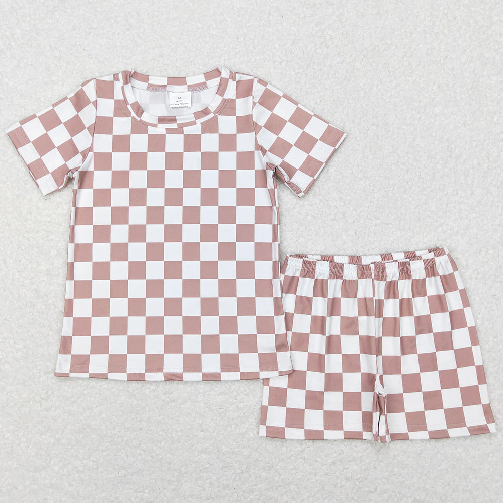 Baby Kids Pajamas Khaki Checkered Summer Shorts Pajamas Sets BSSO0326