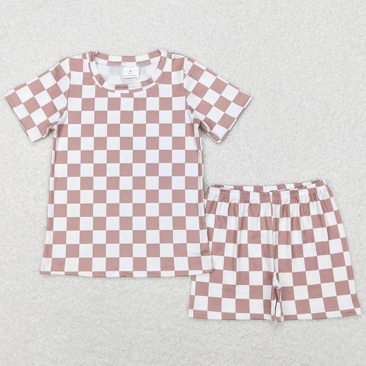 Baby Kids Pajamas Khaki Checkered Summer Shorts Pajamas Sets BSSO0326