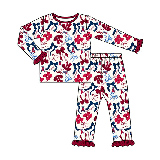 Preorder MOQ 5 Long sleeves A red blue bow kids girls team pajamas 8.21