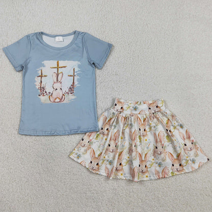 Baby Girls Clothes Short Sleeve Crosses Rabbit Top Skirt Shorts Easter Clothes Sets GSD3486