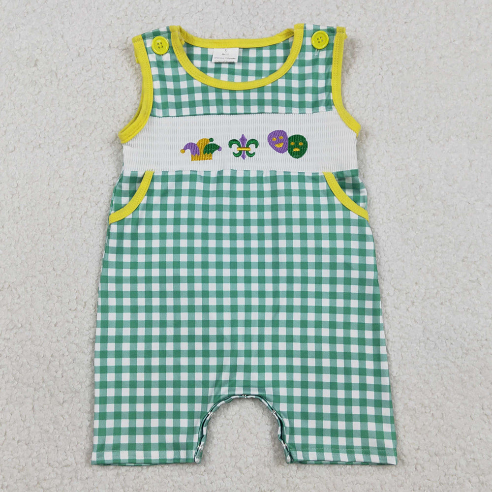 Baby Boys Rompers Smocked Anchors Masks Green Checked Pockets Mardigras Rompers SR3312 1.2